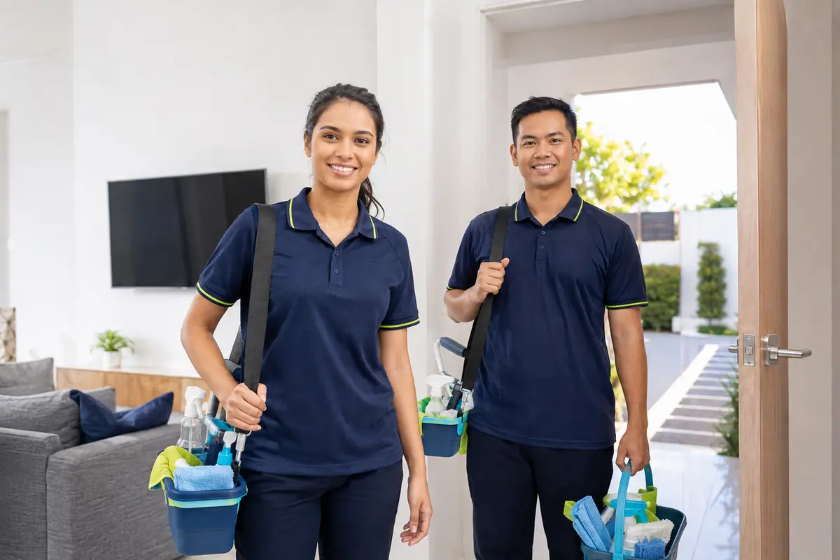 Professional cleaning team arriving for a service
